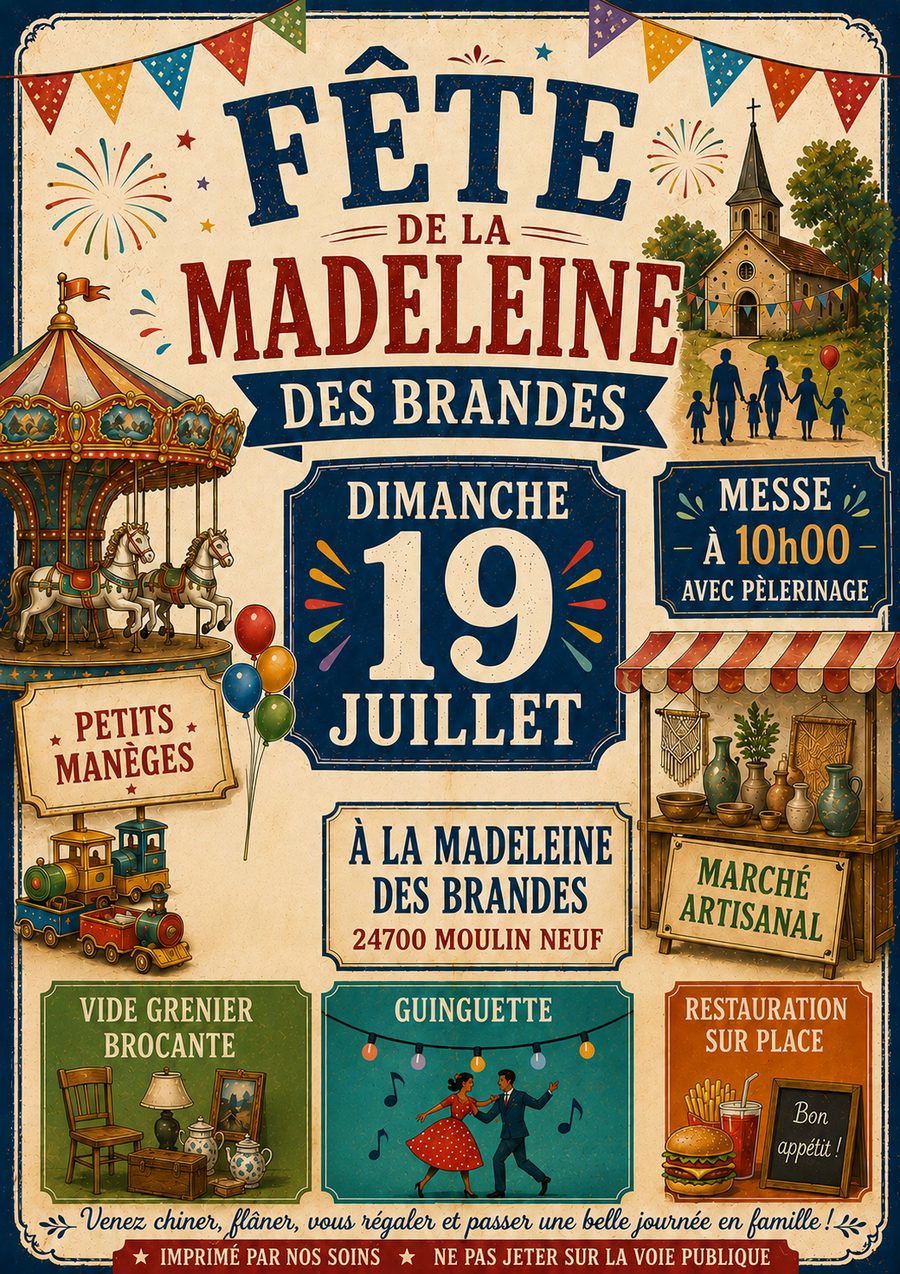 Affiche de la Fête de la Madeleine des Brandes, dimanche 19 juillet 2026, à Minzac (24)